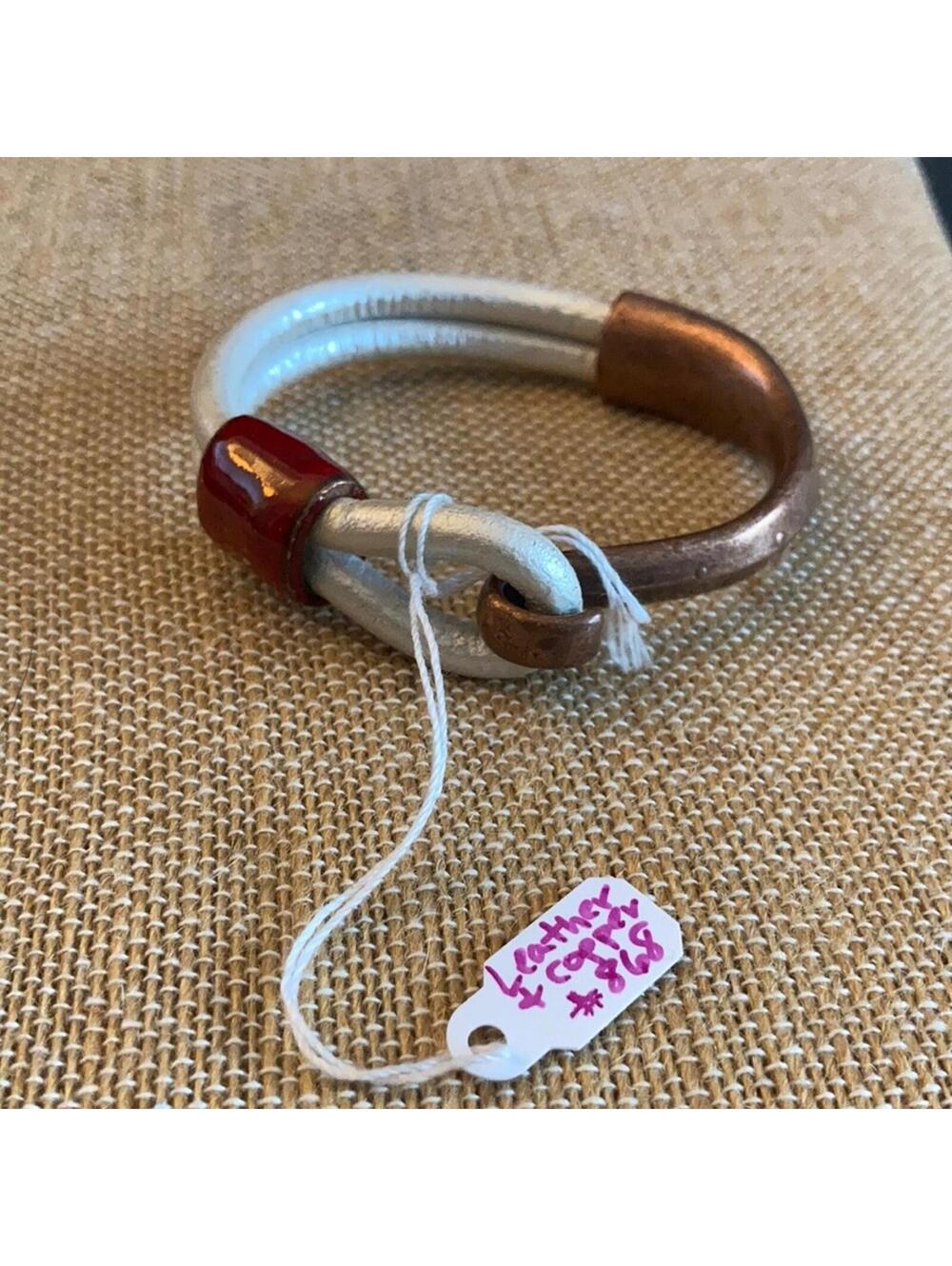 White leather & copper bracelet with red hitch